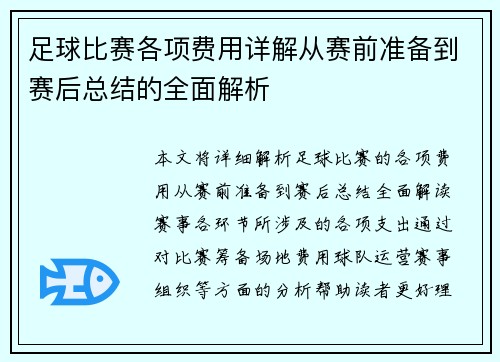 足球比赛各项费用详解从赛前准备到赛后总结的全面解析