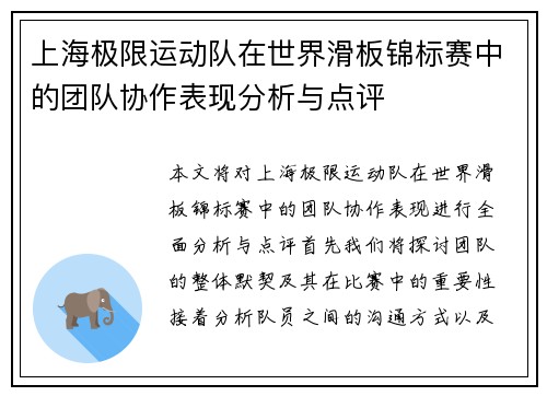 上海极限运动队在世界滑板锦标赛中的团队协作表现分析与点评
